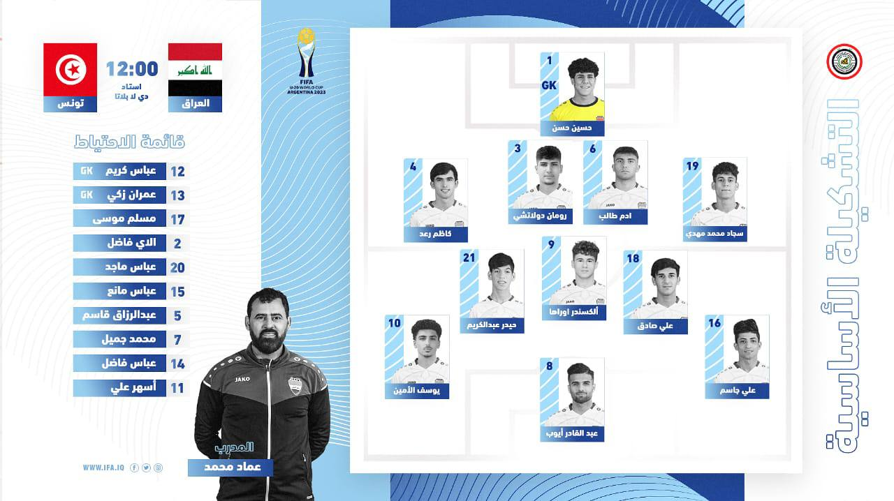 تشكيلة شباب العراق امام تونس في منافسات نهائيات كأس العالم