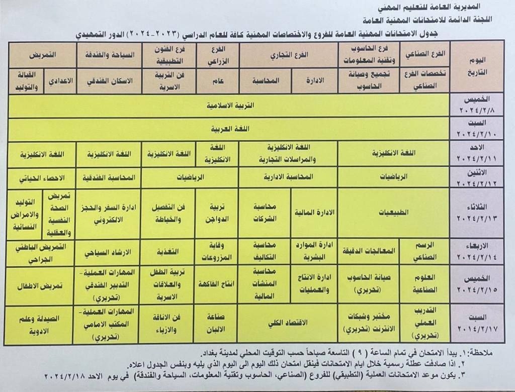 التربية تنشر جدول الامتحانات التمهيدية المهنية العامة لكافة الفروع والاختصاصات