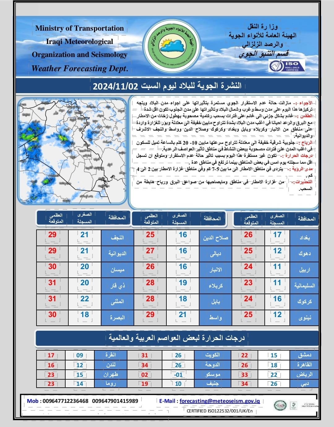 الحالة الجوية الماطرة تغادر الجنوب وتتركز في مدن الفرات الأوسط والعاصمة