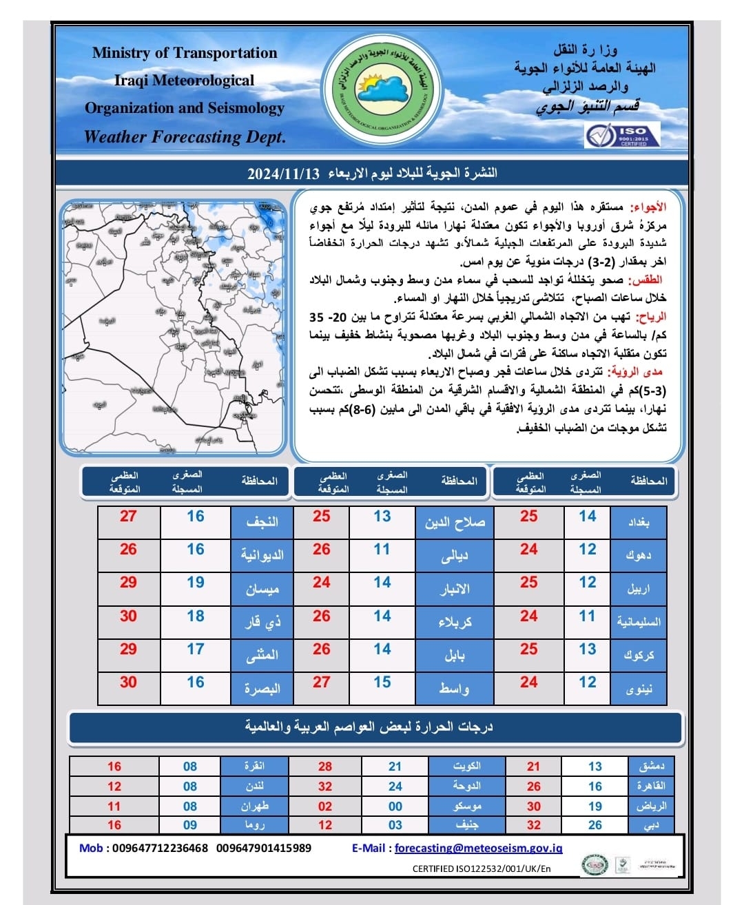 طقس العراق.. انخفاض جديد بدرجات الحرارة وتشكل للضباب في الشمال والوسط