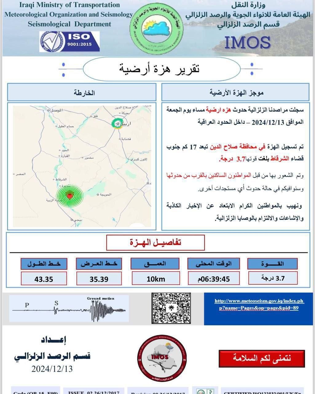 الثانية خلال يومين.. هزة أرضية تضرب صلاح الدين