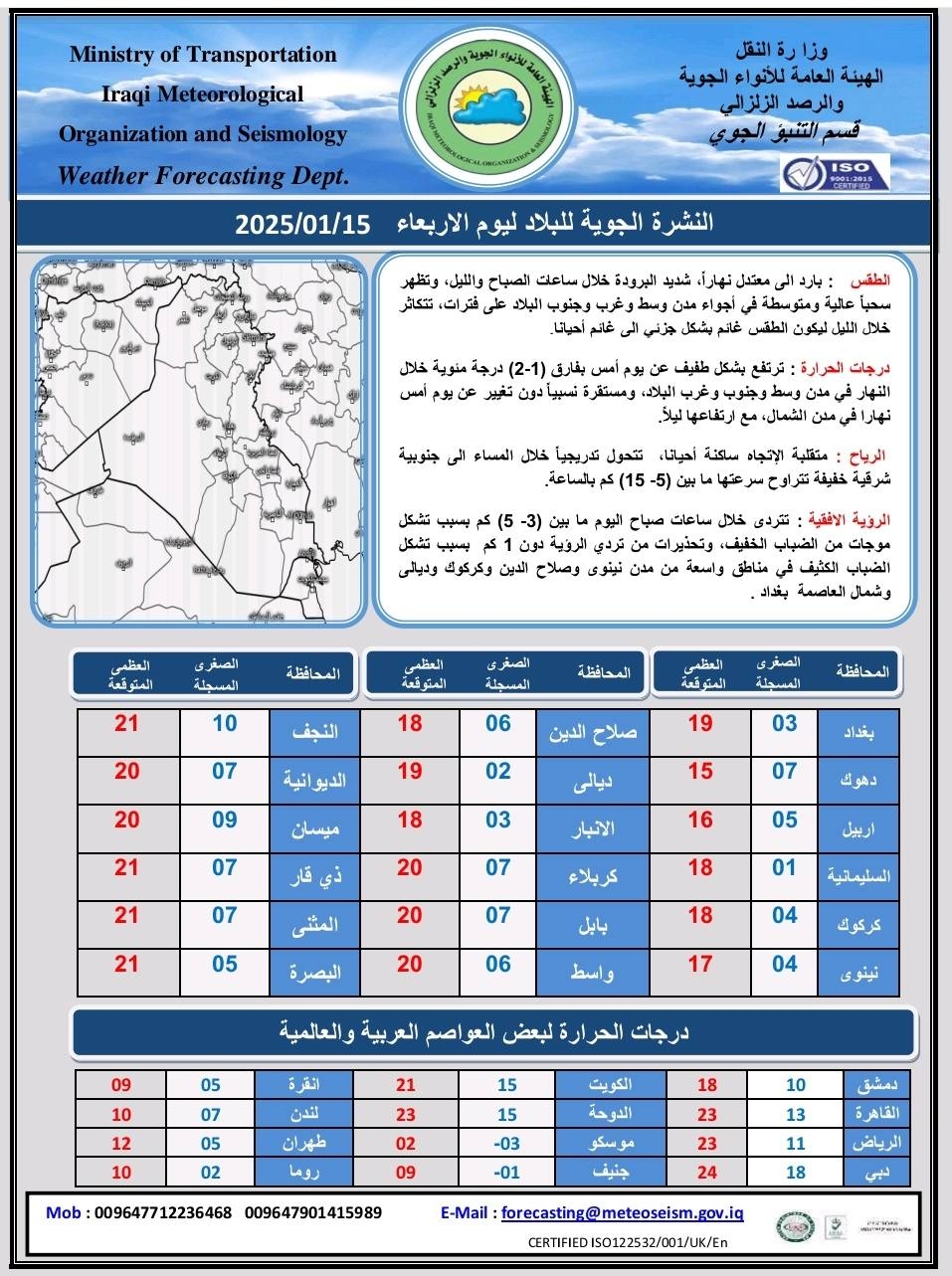 طقس العراق.. معتدل نهارا شديد البرودة ليلا مع تردي بالرؤية الافقية صباحا بسبب الضباب