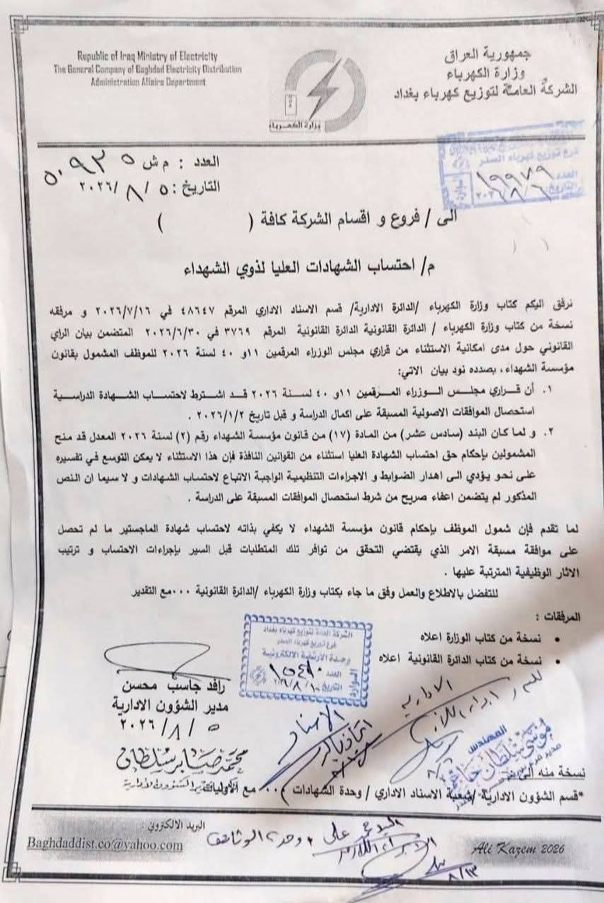 الكهرباء توجه باحتساب الشهادات العليا لذوي الشهداء وفق ضوابط محددة » وكالة بغداد اليوم الاخبارية
